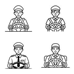 Four Line Art Illustrations of Drivers Behind Steering Wheels Wearing Caps and Ties Uniform