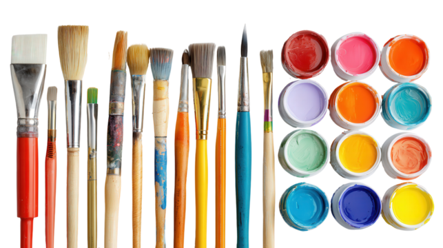 Art Supplies - Brushes and Colors: A flat lay of art supplies like brushes, paints, and colors, isolated on a Transparent background, PNG file.