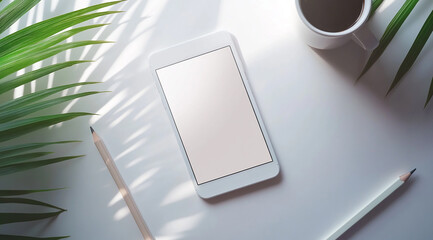 Modern workspace with a smartphone coffee cup and plant bathed in sunlight