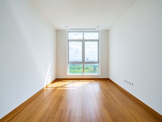 Obraz premium Empty Room with Hardwood Floors and Large Window Showcasing Cityscape and Natural Light Streaming In Creates Bright Atmosphere