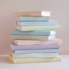 Pastel-colored books stacked neatly.