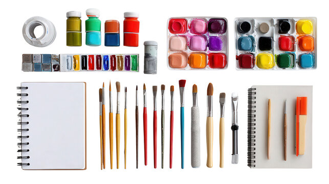 Art Supplies Flat Lay: A flat lay of art supplies such as paints, brushes, and sketchbooks, isolated on a Transparent background, PNG file. - Powered by Adobe