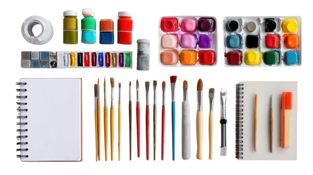 Art Supplies Flat Lay: A flat lay of art supplies such as paints, brushes, and sketchbooks, isolated on a Transparent background, PNG file.