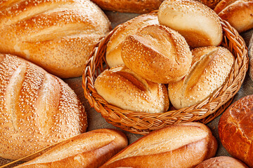 Fresh baked bread. Assorted bakery products loafs of bread and rolls...