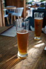 Glasses of light beer with at bar.