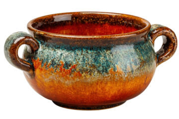 Handcrafted ceramic bowl with warm orange hues blue splashes and rustic charm Pottery art elegance
