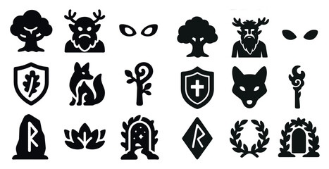 Nature and mythology silhouette icons set – symbols, fantasy, wildlife