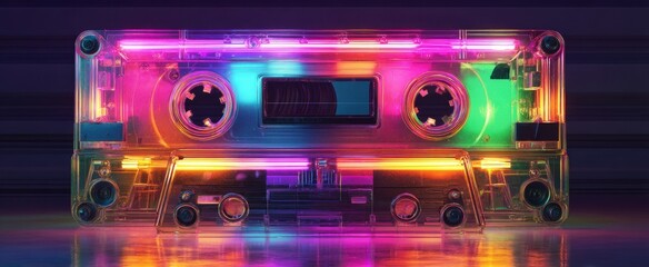 The vibrant cassette tape radiating colorful neon lights and retro charm.