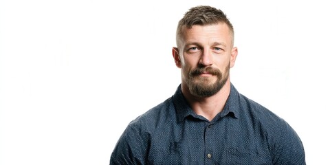 Fototapeta premium Confident Man with Beard in Casual Shirt Against White Background