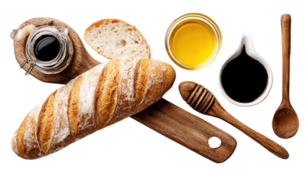 Artisan Bread and Olive Oil: A flat lay of artisan bread with olive oil and balsamic vinegar, isolated on a Transparent background, PNG file.