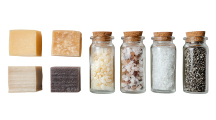 Artisan Soap and Bath Salts: A flat lay of artisan soap bars and bath salts in glass jars, isolated on a Transparent background, PNG file.