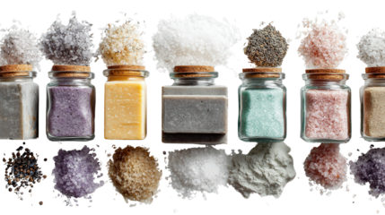 Artisan Soap and Bath Salts: A flat lay of artisan soap bars and bath salts in glass jars, isolated on a Transparent background, PNG file.