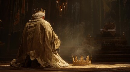 An old, wise Magus king on a desert cliff, viewed from behind as he gazes at the Star of Bethlehem in the night sky.

