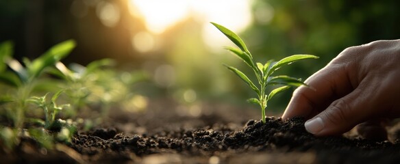 Fototapeta premium The hand planting a young seedling in rich, fertile soil.