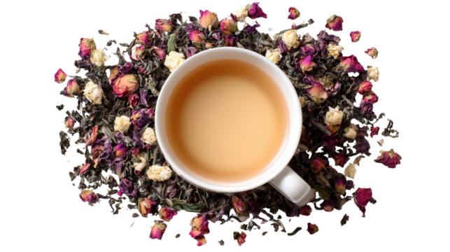 Artisanal Tea and Teacup Flat Lay: A flat lay of artisanal tea and a teacup, isolated on a Transparent background, PNG file. - Powered by Adobe