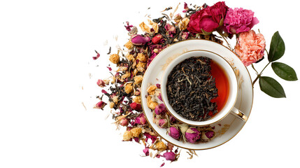 Artisanal Tea and Teacup Flat Lay: A flat lay of artisanal tea and a teacup, isolated on a Transparent background, PNG file.