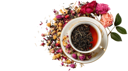 Artisanal Tea and Teacup Flat Lay: A flat lay of artisanal tea and a teacup, isolated on a Transparent background, PNG file.