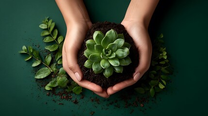 Hands gently holding a lush green succulent plant in soil