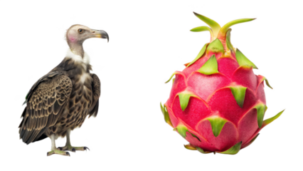 Vulture animal and Dragon Fruit on transparent