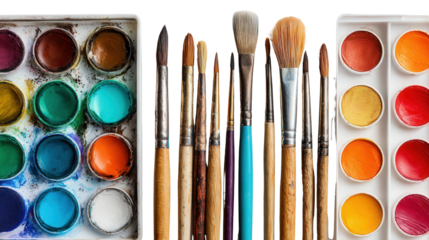 Artistic Paintbrushes and Tools: A flat lay of artistic paintbrushes, pencils, and sketchbooks, isolated on a Transparent background, PNG file.