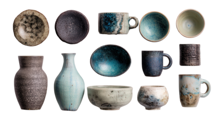 Artistic Pottery Items: A flat lay of artistic pottery items like handmade vases, mugs, and bowls, isolated on a Transparent background, PNG file.