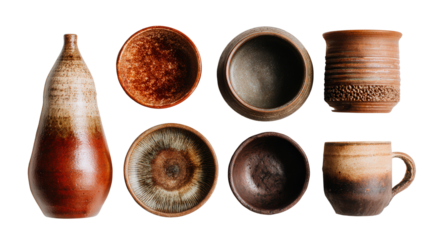 Artistic Pottery Items: A flat lay of artistic pottery items like handmade vases, mugs, and bowls, isolated on a Transparent background, PNG file.