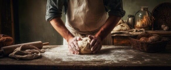The artisan baker kneads dough on a rustic kitchen table.