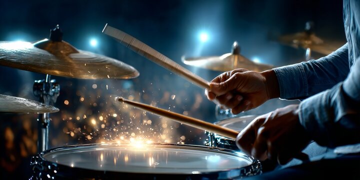 Professional drummer playing energetically on stage with sparkling lights