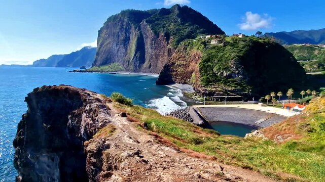 amazing Madeira island nature scenery. Miradouro do Guindaste. 4k hd video of beautiful rocky coast and Faial village in northern part. Portugal
