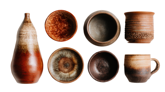 Artistic Pottery Items: A flat lay of artistic pottery items like handmade vases, mugs, and bowls, isolated on a Transparent background, PNG file.