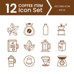 Collection of twelve coffee related icons in a clean vector illustration style