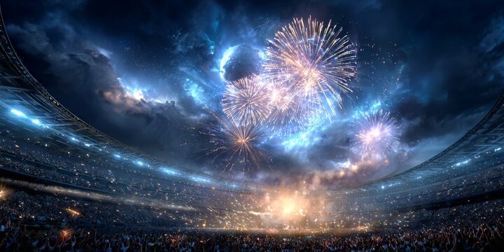 Fireworks exploding over a crowded stadium during a night celebration