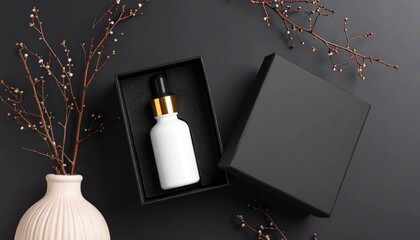 Luxury Black Skincare Flat Lay with Dropper Serum and Japandi Elements