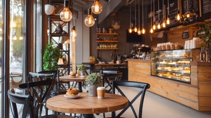 cozy European coffee shop interior, small round tables, warm lights, wooden accents, pastries on display, calm and inviting atmosphere