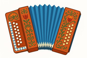 Colorful accordion with floral patterns, cartoon illustration isolated on white background.
