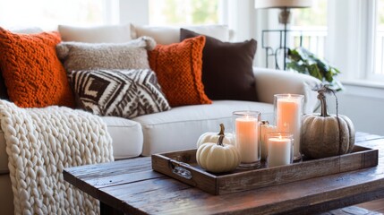 fall living room, orange and brown pillows, candles, knit throws, rustic coffee table, pumpkins, soft autumn light, cozy vibe 