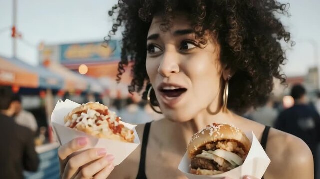 Excited woman holding tasty street food like burger and arepa outdoors