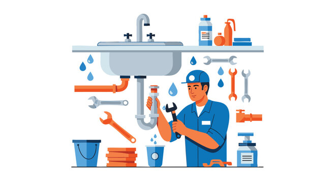 Plumber Repairing Leaking Sink Home Service Illustration