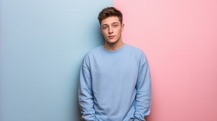 Young Man Posing Against a Split Background of Blue and Pink Colors