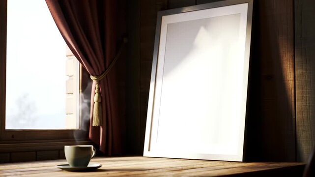 A steaming cup of coffee sits near a window with a curtain, beside a blank framed picture on a wooden surface.