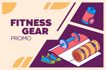 Illustration showing fitness gear promo with dumbbell, water bottle, shoes and yoga mat on a geometric background