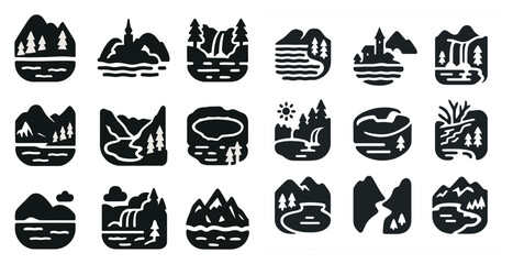Nature and adventure icons set &ndash; solid, silhouette, hiking and outdoor exploration symbols
