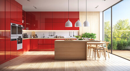 Modern red kitchen with island and large window overlooking lush green trees
