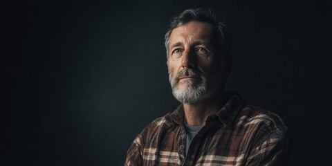 Obraz premium Thoughtful Mature Man in a Flannel Shirt Against a Dark Background