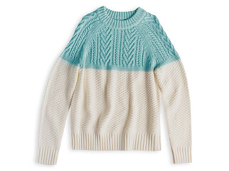 Top view of one two-tone beige and blue autumn casual warm cable knit sweater made from soft wool woven fabric textile isolated on white background used as cozy comfortable  clothing for cold season