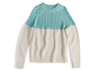 Top view of one two-tone beige and blue autumn casual warm cable knit sweater made from soft wool woven fabric textile isolated on white background used as cozy comfortable  clothing for cold season