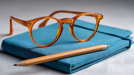 Retro eyeglasses and pencil on a blue notebook