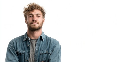 Fototapeta premium Confident Young Man in Casual Attire with a Friendly Smile Against a White Background