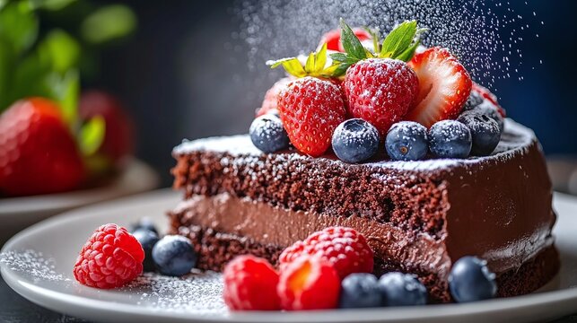 Chocolate cake slice topped with fresh berries and powdered sugar.