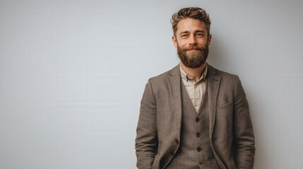 Obraz premium Confident Young Man with Beard in Stylish Suit Against Neutral Background
